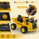Yellow 12V Caterpillar kids ride-on dump truck with tiltable bump bed, LED headlights, and multimedia player for.