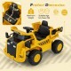 Caterpillar licensed kids ride-on dump truck in bright yellow, featuring a tiltable bump bed and dual driving modes.