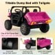 Tilted dump bed of a pink 24V ride-on kids car, featuring automatic lifting and a spacious design for young passengers.