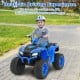 Kids ride-on electric ATV in blue, featuring reinforced tires and LED headlights for adventurous outdoor fun.