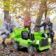 Kids ride-on dump truck in green with electric dump bed, perfect for outdoor fun and toy storage.