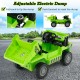 Green kids ride-on dump truck with adjustable electric dump bed, designed for safe and fun outdoor play.