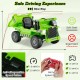 Kids ride-on dump truck in green with electric dump bed, featuring remote control and safe soft start for fun outdoor.