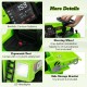 Kids ride-on dump truck in green with ergonomic seat, LED headlights, and side storage for toys and shovel.