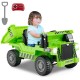 Kids ride-on dump truck in green with electric dump bed, remote control, and toy shovel for outdoor fun.