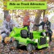 Kids ride on green dump truck with electric dump bed, remote control, and safety features for outdoor fun.