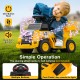 Yellow 6V electric Caterpillar construction vehicle with one-button start, foot pedal, and dual horn buttons for kids.