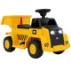 Yellow 6V electric Caterpillar construction vehicle with detachable dump bed, LED lights, and anti-slip wheels for kids.