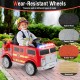 Kids ride-on fire truck in red with wear-resistant wheels, remote control, and storage compartment for outdoor fun.