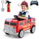 Kids ride-on fire truck in red with remote control, extinguisher, and storage, designed for children aged 3-8 years.