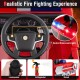 Kids ride-on fire truck steering wheel with buttons for sirens, lights, loudspeaker, extinguisher, and shovel for.
