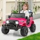 Pink 12V kids ride-on truck with remote control, all-terrain wheels, and LED headlights for outdoor fun.