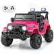 Bright pink 12V kids ride-on truck with remote control, all-terrain wheels, and LED headlights for outdoor fun.