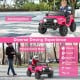 Kids ride-on truck in pink with remote control, all-terrain wheels, and 3 speeds for outdoor fun and safety.