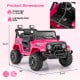Dimensions of the pink 12V kids ride-on truck with remote control, featuring a spacious seat and all-terrain wheels.