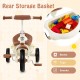 Toddler tricycle with adjustable seat and rear storage basket for books, toys, and snacks, suitable for ages 3-5 years.