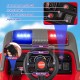Ride-on fire truck dashboard featuring controls, music player, horn, and flashing lights for an immersive play.