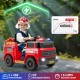 Red 12V ride-on fire truck with water gun, music features, and spacious seat for kids aged 37-95 months.