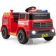 Red 12V ride-on fire truck with water gun, music features, and safety belt for kids aged 37-95 months.