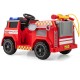 Red 12V ride-on fire truck with water gun, interphone, and safety belt, perfect for kids aged 37-95 months.