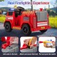 Red 12V ride-on fire truck with water gun, interphone, and safety belt for kids aged 37-95 months, offering a real.