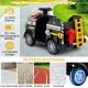 Black 12V toddler fire toy car with dual motors, threaded wheels, and realistic controls for kids aged 37-95 months.