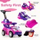 3-in-1 pink push car for toddlers with removable guardrail, seat belt, and anti-slip foot pedals for safe play.
