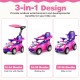 3-in-1 pink push car for toddlers, featuring a removable guardrail, adjustable canopy, and interactive buttons for fun.