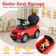 Red 3 in 1 push car for kids with under-seat storage, removable handle, and guardrail for ages 18-36 months.