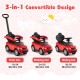 Red 3-in-1 push car with removable handle, guardrail, and storage, designed for kids 18-36 months old.