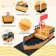 Kids pirate boat wooden sandbox with lifebuoy, rudder, and safety handrails for outdoor play and storage convenience.