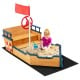 Wooden pirate boat sandbox with benches and handrails, designed for safe outdoor play, featuring a lifebuoy and rudder.