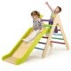 Colorful 2-in-1 wooden triangle climber set with adjustable slide, promoting kids' balance and motor skills for safe.
