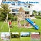 Wooden swing set featuring a large upper deck slide, swings, and steering wheel, perfect for outdoor play in various.