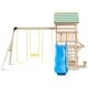 Wooden swing set featuring a large upper deck slide, swings, and steering wheel, perfect for outdoor play in backyards.