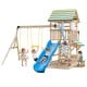Wooden swing set featuring a slide, swings, and tree house with steering wheel, perfect for outdoor play in backyards.