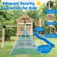 Wooden swing set featuring a large upper deck slide, steering wheel, and sturdy fir wood construction for outdoor play.