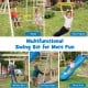 Wooden swing set featuring swings, monkey bars, climbing ladder, and slide for outdoor fun in backyards or parks.