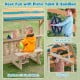 Wooden swing set featuring a sandbox with snack bench, steering wheel, and telescope for outdoor play.