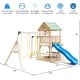 Wooden swing set featuring a large upper deck, slide, swings, and steering wheel, perfect for outdoor play.
