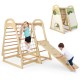 6-in-1 wooden kids jungle gym playset with slide, climbing net, and tent for versatile indoor play and development.