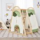 Wooden kids jungle gym playset featuring a slide, climbing net, and tent, promoting fun and development in a safe.