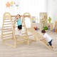 Wooden kids jungle gym playset with slide, climbing net, and monkey bars, made of beech wood for safe play.