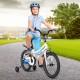 Kids bike in white with removable training wheels, height-adjustable seat, and hand brake, perfect for young riders.