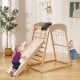 Children enjoying the 6-in-1 wooden jungle gym, featuring a double-sided ramp and monkey bars for active indoor fun.