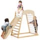 Wooden 6-in-1 jungle gym with double-sided ramp and monkey bars, perfect for indoor play and toddler safety.