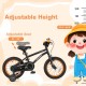 14-inch kids bike side view showcasing the adjustable seat height and sturdy high carbon steel frame for young riders.