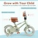 Kids bike with adjustable handlebar and saddle in green, featuring removable training wheels and a durable carbon steel.