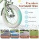 Kids bike with 12-inch green tires, featuring anti-puncture and shock-absorbing design for various road surfaces.