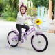 18-inch girl bike in purple with detachable training wheels and a front basket, perfect for kids aged 4-8 years.